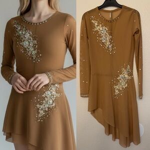 Eleve custom solo dance costume nude tan mesh overdress stoned SA-Small adult